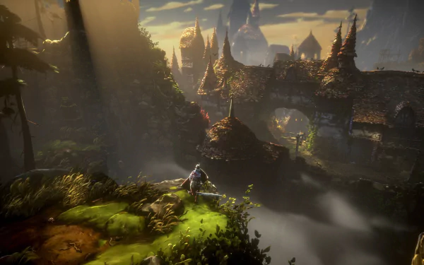 HD desktop wallpaper from the video game No Rest for the Wicked, featuring a mystical landscape with castles, lush greenery, and a solitary figure overlooking a dramatic sunset.