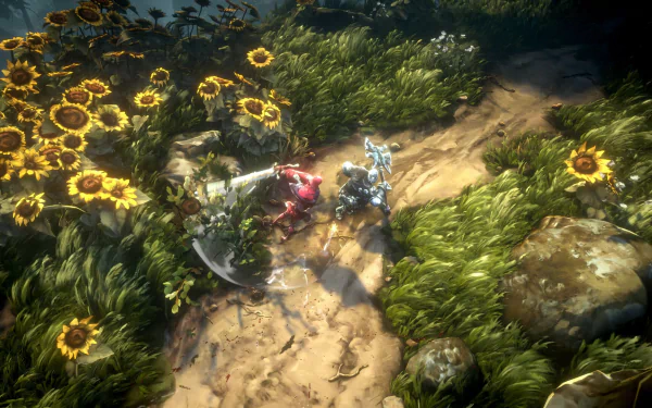 HD desktop wallpaper from the video game No Rest for the Wicked featuring characters amid a sunlit path bordered by sunflowers.