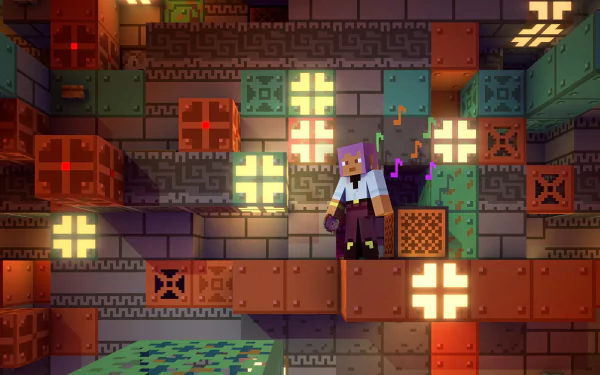 HD Minecraft wallpaper featuring a character exploring a vibrantly lit, multicolored block-based dungeon environment.