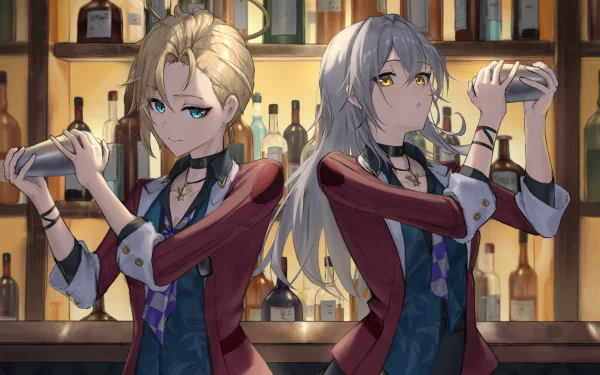 4K Ultra HD wallpaper of Stelle and Siobhan from Honkai: Star Rail, both shaking cocktail shakers behind a bar with shelves of bottles in the background.