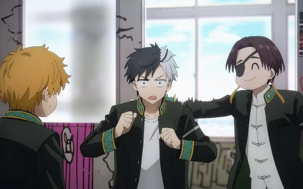 HD anime wallpaper featuring three male characters from Wind Breaker in school uniforms, inside a classroom setting, interacting energetically.