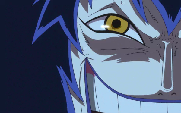 HD desktop wallpaper featuring a close-up of Caesar Clown from One Piece, highlighting his sinister smile and distinctive yellow eye against a dark blue background.