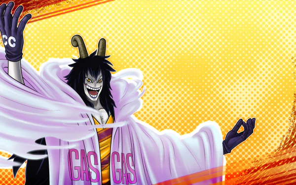 An HD desktop wallpaper featuring Caesar Clown from the anime One Piece, showcasing his striking smile and dramatic pose against a vibrant yellow background.