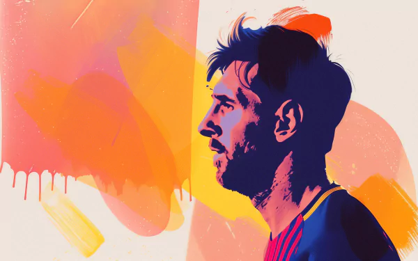 HD desktop wallpaper featuring a colorful artistic illustration of Lionel Messi in a Barcelona jersey, set against a vibrant abstract background.