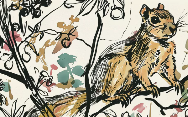 Artistic HD wallpaper of a hand-drawn squirrel perched on a branch, complemented by an abstract floral background.