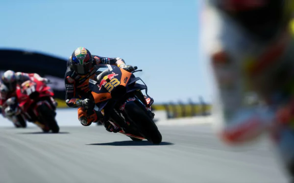 HD desktop wallpaper from the video game MotoGP 24 showing high-speed motorcycles racing on a track.
