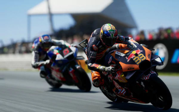 HD desktop wallpaper from MotoGP 24 featuring two racers sharply cornering on the track, showcasing dynamic action and speed.
