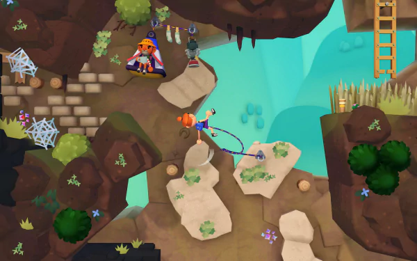 HD wallpaper featuring a scene from the video game Surmount, showing characters navigating rocky terrain with ladders and ropes.