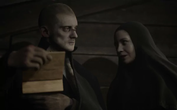 HD desktop wallpaper from the video game Indika, featuring a scene with a man and a woman in cloaks, exchanging a mysterious box.