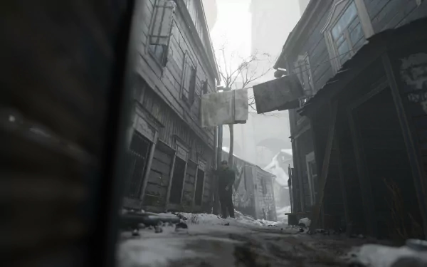 HD desktop wallpaper featuring a foggy, snowy street in a rundown neighborhood from the video game Indika.