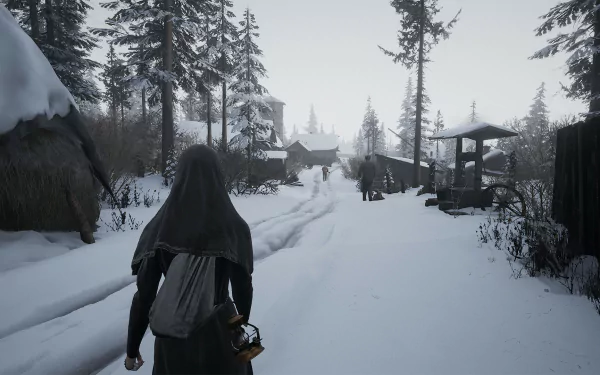 HD desktop wallpaper from the video game Indika, featuring a cloaked figure walking through a snowy village.