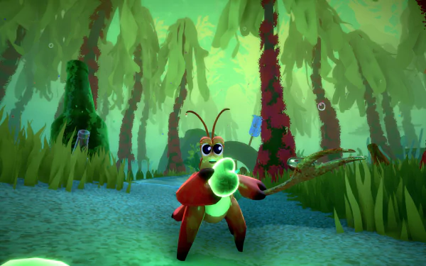 HD desktop wallpaper from the video game Another Crab's Treasure, featuring a crab in a vibrant undersea forest.