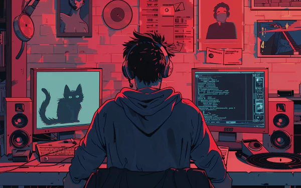 Anime-style illustration of a person in a hoodie working on a computer in a room filled with tech gear and posters, featuring a lofi aesthetic, suitable as an HD desktop wallpaper.