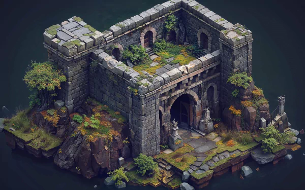 HD isometric wallpaper of an abandoned medieval fortress on a secluded island, featuring overgrown flora and aged stone architecture.