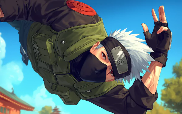 HD desktop wallpaper of Kakashi Hatake from Naruto, depicted mid-air against a blue sky backdrop, making a hand sign.