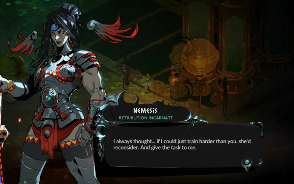 HD desktop wallpaper from Hades II featuring the character Nemesis in a dramatic game scene with dialogue.