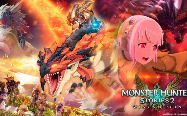 HD Wallpaper for Monster Hunter Stories 2: Wings of Ruin featuring dynamic battle scenes and vibrant character art.