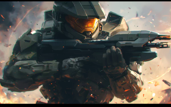 HD desktop wallpaper featuring a dynamic illustration of a Spartan soldier from Halo, holding a rifle amidst a fiery battle scene.