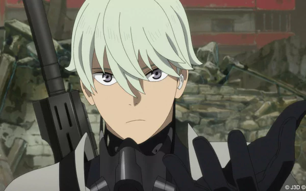 Anime character from Kaiju No. 8, featuring a young male with pale green hair and black combat suit, in ruins backdrop. HD desktop wallpaper.