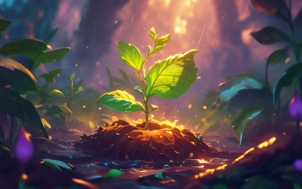 HD wallpaper of a vibrant sprout emerging from the soil surrounded by lush foliage, bathed in radiant sunlight, capturing the essence of spring and nature.
