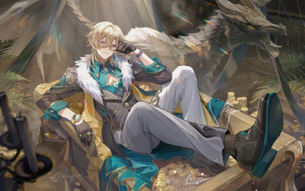 HD desktop wallpaper of Aventurine from Honkai: Star Rail, reclining confidently amidst a makeshift campsite setting.