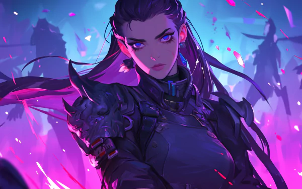 HD desktop wallpaper of Reyna from Valorant, featuring her in a dynamic pose with a vibrant purple background.