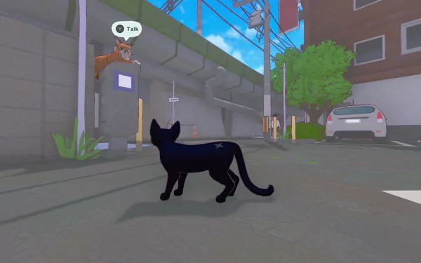 HD desktop wallpaper from the video game Little Kitty Big City, featuring a black cat in an urban environment with a dog on a platform above.