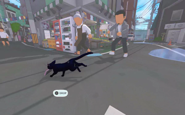 HD desktop wallpaper from the video game Little Kitty Big City, featuring a black cat exploring a city street near pedestrians.
