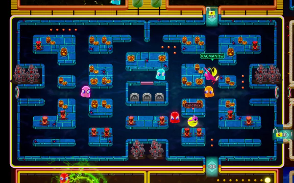 HD desktop wallpaper of PAC-MAN Mega Tunnel Battle: Chomp Champs featuring a vibrant, detailed game map with multiple characters and obstacles.