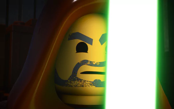 HD desktop wallpaper featuring a close-up of a LEGO Star Wars character wielding a glowing green lightsaber from LEGO Star Wars: Rebuild the Galaxy.