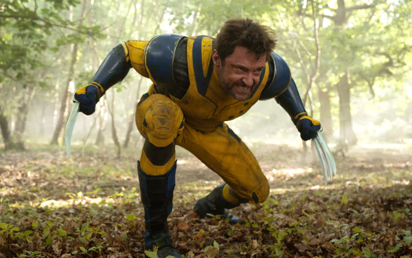 HD wallpaper of Wolverine in action, featuring the character in a yellow and blue suit with claws extended, set against a forest backdrop.