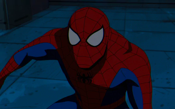 HD desktop wallpaper of Spider-Man crouching on a blue-toned background, from the TV show X-Men '97.