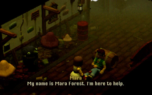HD desktop wallpaper from the video game Crow Country, featuring a character named Mara Forest in a dimly lit, rustic scene with dialogue text: My name is Mara Forest. I'm here to help.