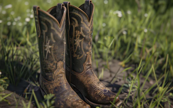 HD desktop wallpaper featuring a pair of weathered cowboy boots standing in a lush grassy field, detailed with intricate designs.