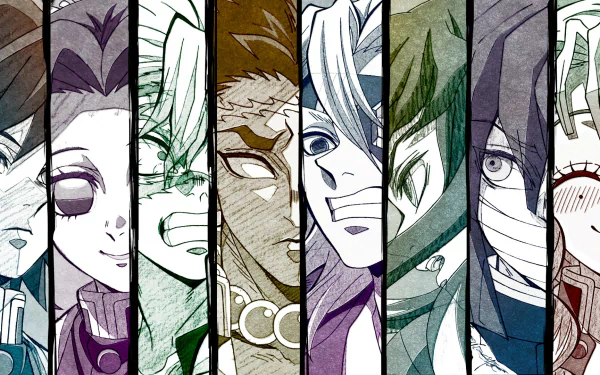 HD PC desktop wallpaper featuring stylized close-up portraits of characters from the anime Demon Slayer: Kimetsu no Yaiba in a split-panel design.