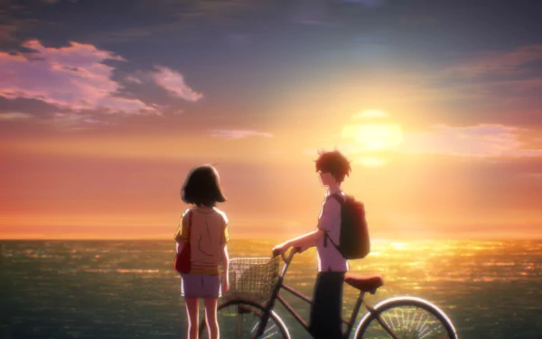 HD anime wallpaper featuring two characters watching a sunset by the sea, with one holding a bicycle.