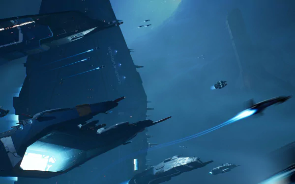 HD desktop wallpaper from Homeworld 3 featuring sleek spacecrafts maneuvering in a cool blue space environment.