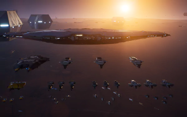 HD desktop wallpaper from Homeworld 3 featuring a fleet of spaceships on a dusty, sunlit alien landscape.
