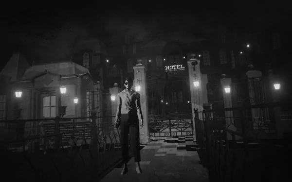 HD desktop wallpaper from Lorelei and the Laser Eyes, featuring a male character in a suit standing before a dimly lit, eerie hotel in a noir-style monochrome setting.