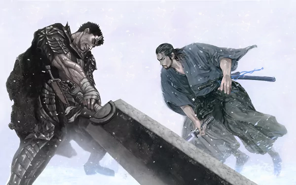 HD desktop wallpaper of a Vagabond and Berserk crossover featuring Miyamoto Musashi in a snowy scene, clashing swords with another warrior.