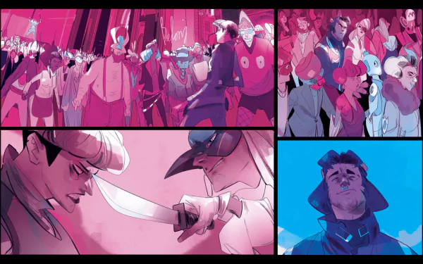 HD desktop wallpaper from Read Only Memories: NEURODIVER depicting intense scenes with diverse characters in a dramatic, comic style.