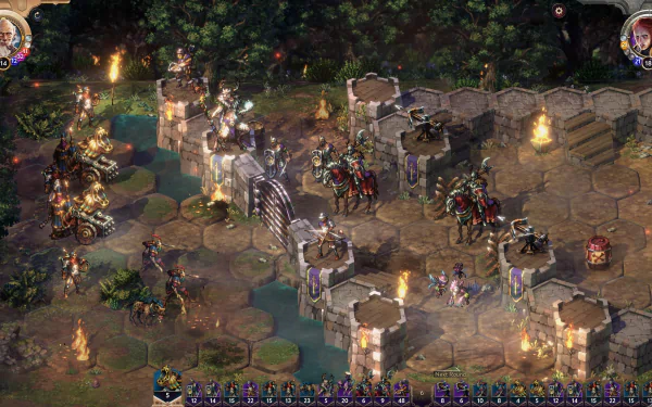 HD desktop wallpaper of the video game Songs of Conquest, featuring a detailed battle scene with characters and landscapes.