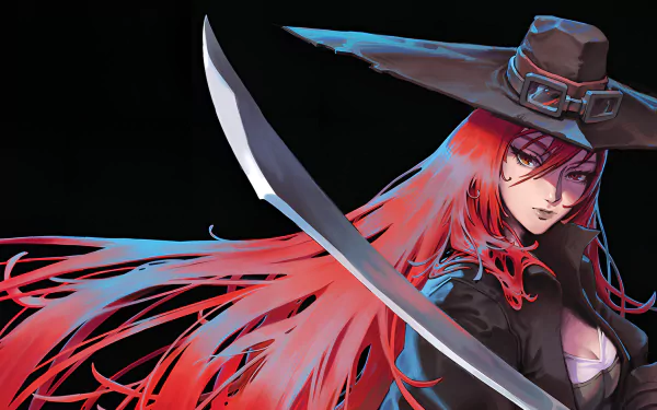HD desktop wallpaper from the video game Gestalt: Steam & Cinder featuring a character with red hair, a wide-brimmed hat, and a large sword, against a dark background.