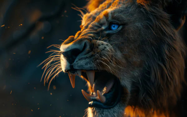 HD desktop wallpaper and background featuring a majestic lion with piercing blue eyes roaring fiercely, set against a dramatic wildlife backdrop.