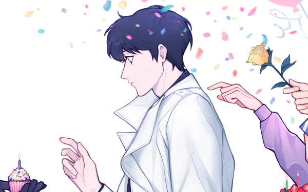 HD desktop wallpaper featuring Kim Dokja from the anime Omniscient Reader's Viewpoint, with vibrant confetti, a single yellow rose, and a cupcake with candles in the background.