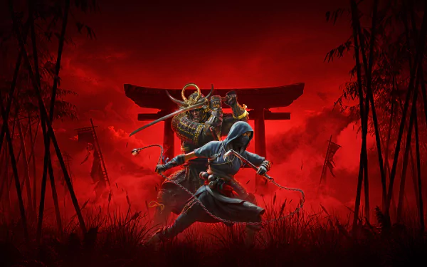 8K Ultra HD Assassin's Creed Shadows wallpaper featuring a ninja and samurai poised for battle against a vivid red backdrop with a traditional Japanese torii gate.