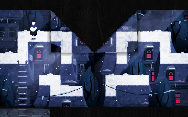 HD desktop wallpaper featuring a scene from the video game Paper Trail. The image showcases a snow-covered maze-like pathway surrounded by buildings with red windows and a character standing on the path.