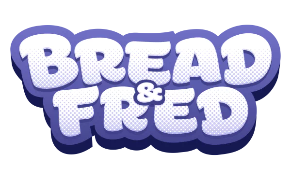 HD desktop wallpaper featuring the Bread & Fred video game logo in bold, white letters with a blue outline against a transparent background.