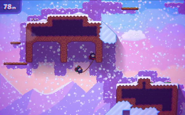 HD desktop wallpaper featuring a scene from the video game Bread & Fred, showcasing snow-covered platforms and two characters navigating a rope in a wintery landscape.