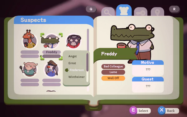 HD desktop wallpaper from the video game Duck Detective: The Secret Salami, featuring a suspect profile screen with characters including Freddy, highlighting motives and quests.